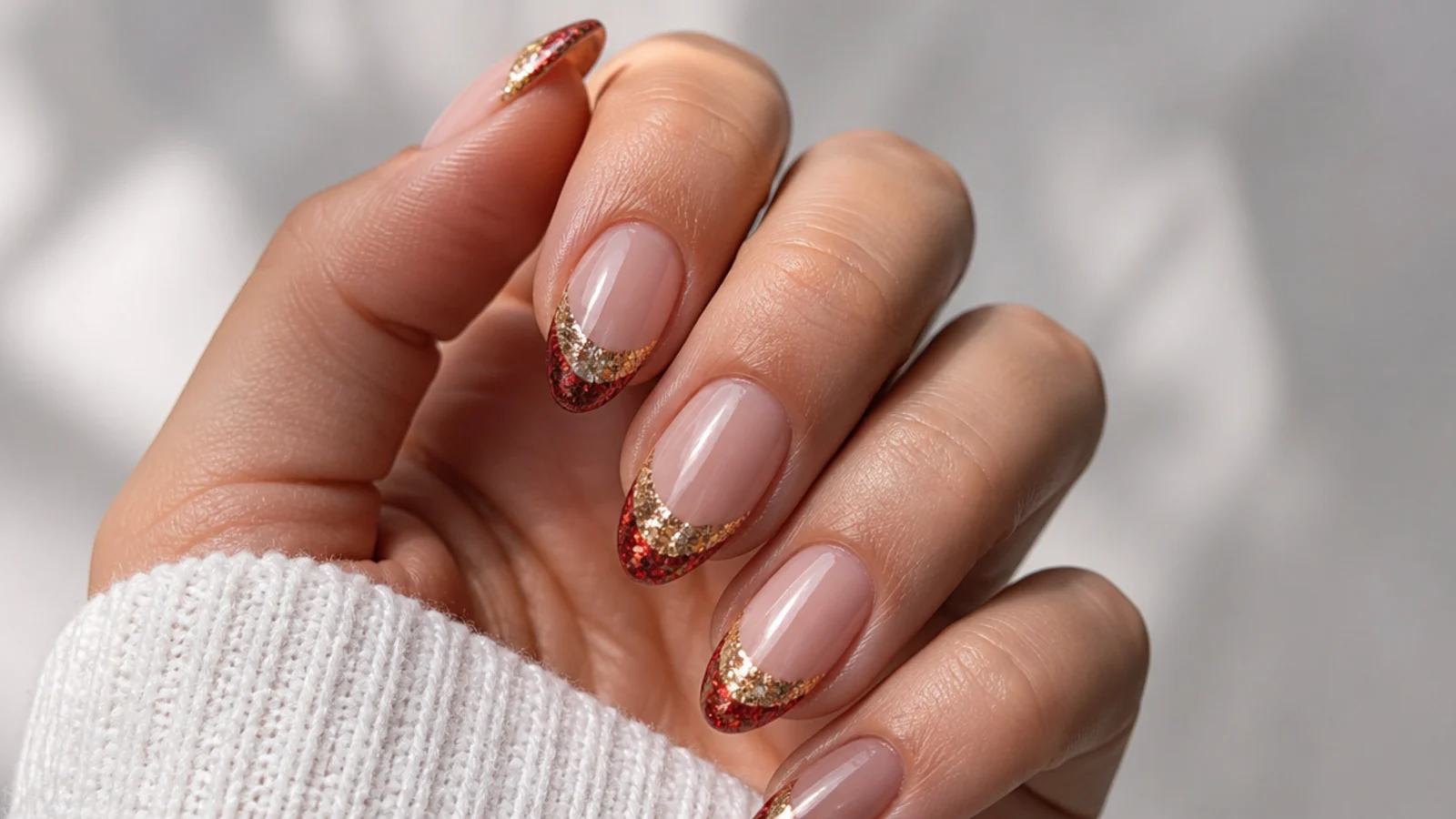 Sheer nude December nails with red and gold glitter French tips