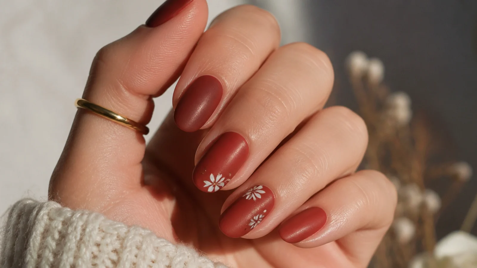 Matte warm brick red December nails on short almond nails
