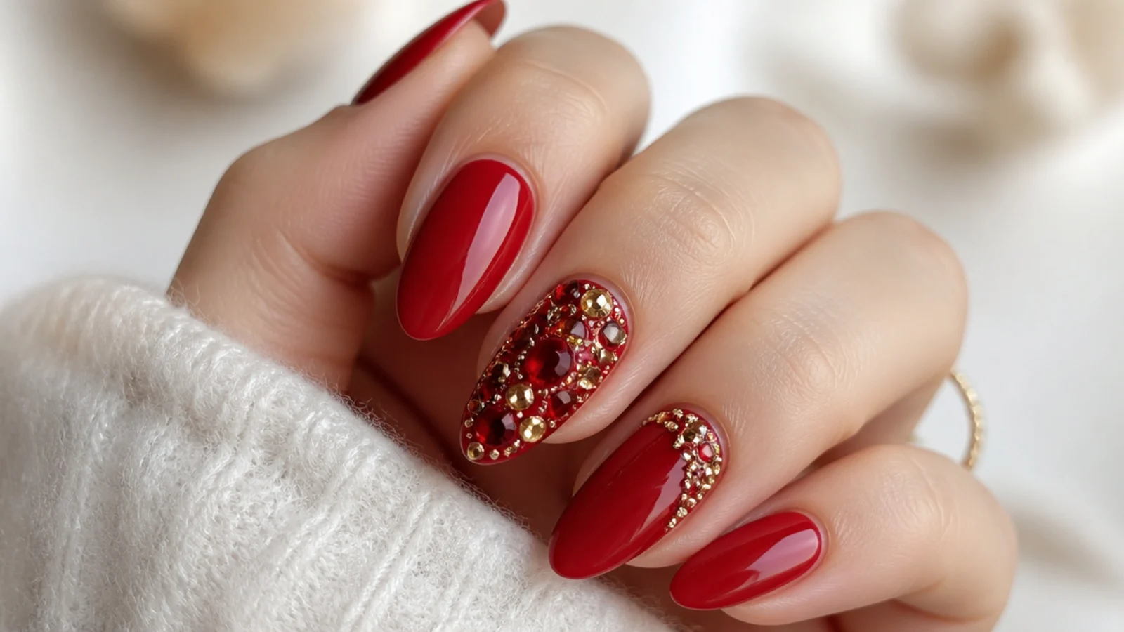 Glossy red December nails with clustered gold and red rhinestones