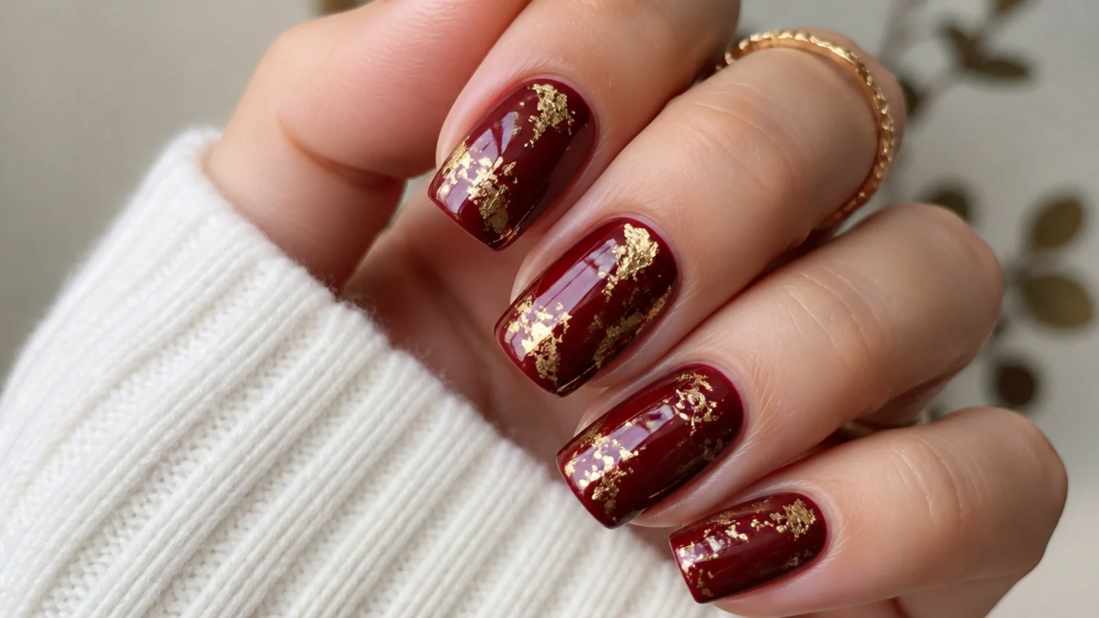 Deep ruby red December nails with cracked gold foil accents