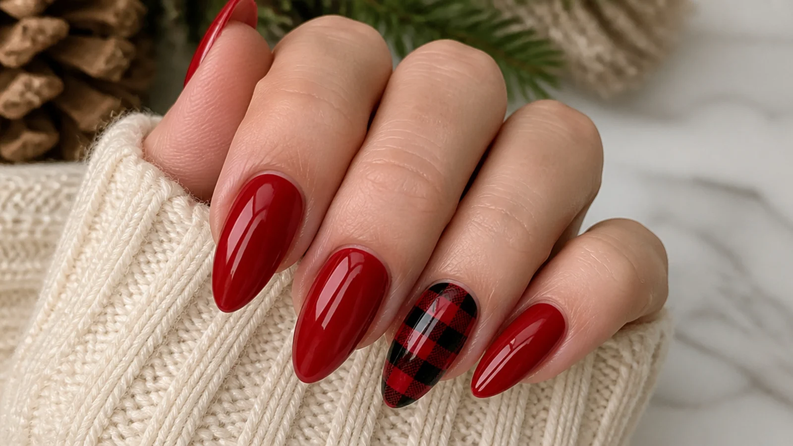 Glossy red December nails with a black and red buffalo plaid accent