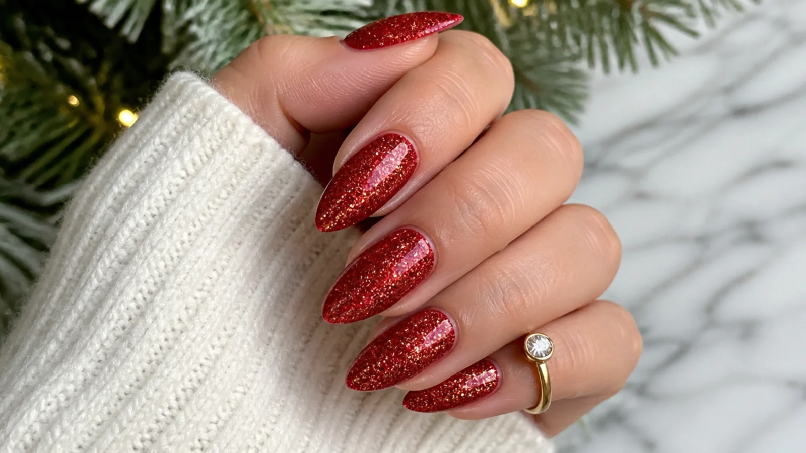Deep red December nails fully covered in dense gold holographic glitter