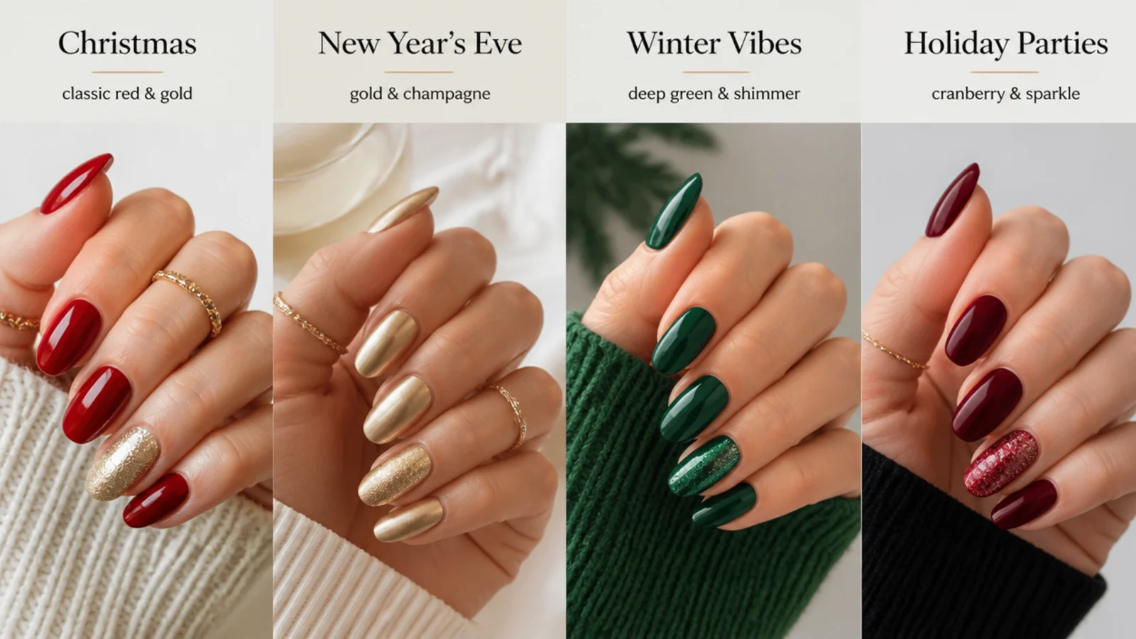 Red, gold, green and cranberry December nail swatches grouped by occasion