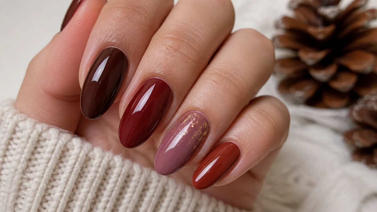Chocolate, cranberry, mauve and brick red cozy December nail swatches