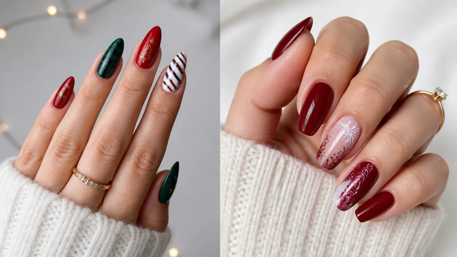 Festive red and green Christmas nails beside cozy cranberry December nails