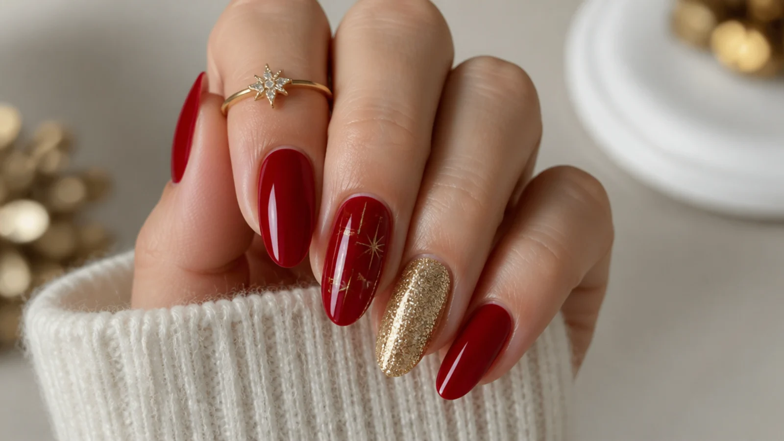Glossy cherry red December nails with gold glitter accent on almond shape