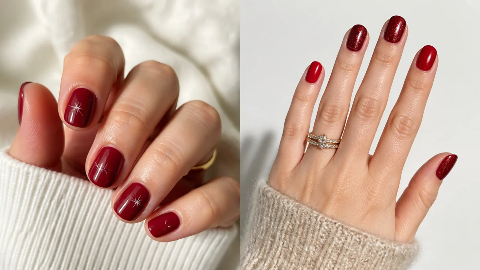 Short glossy red and cranberry December nails on round and squoval shapes