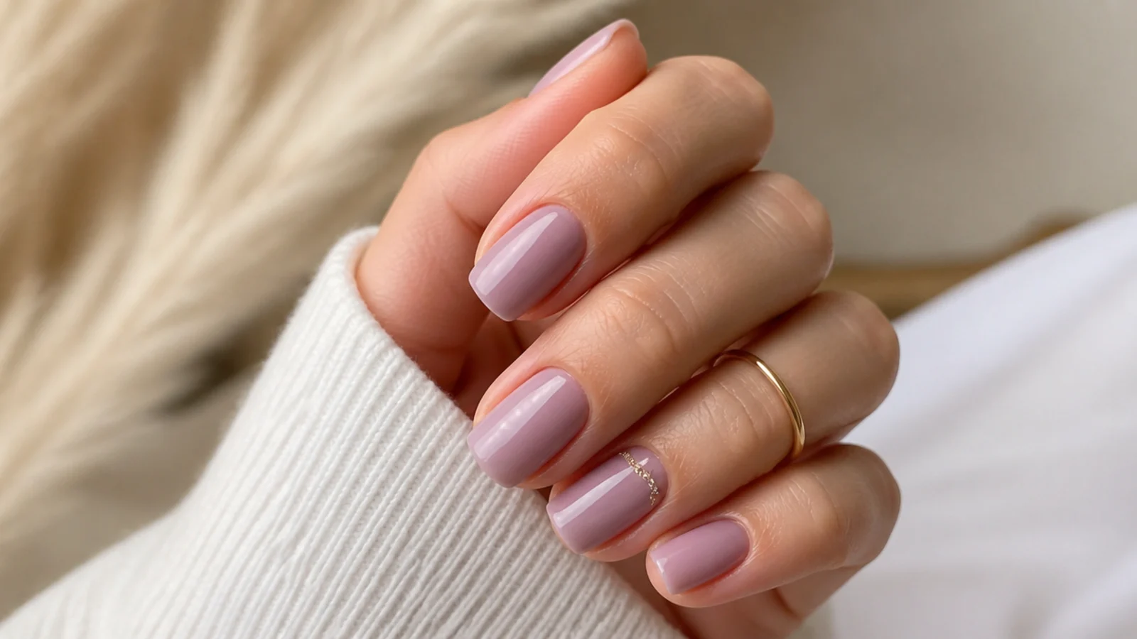 Soft mauve milky gel nails on short square nails