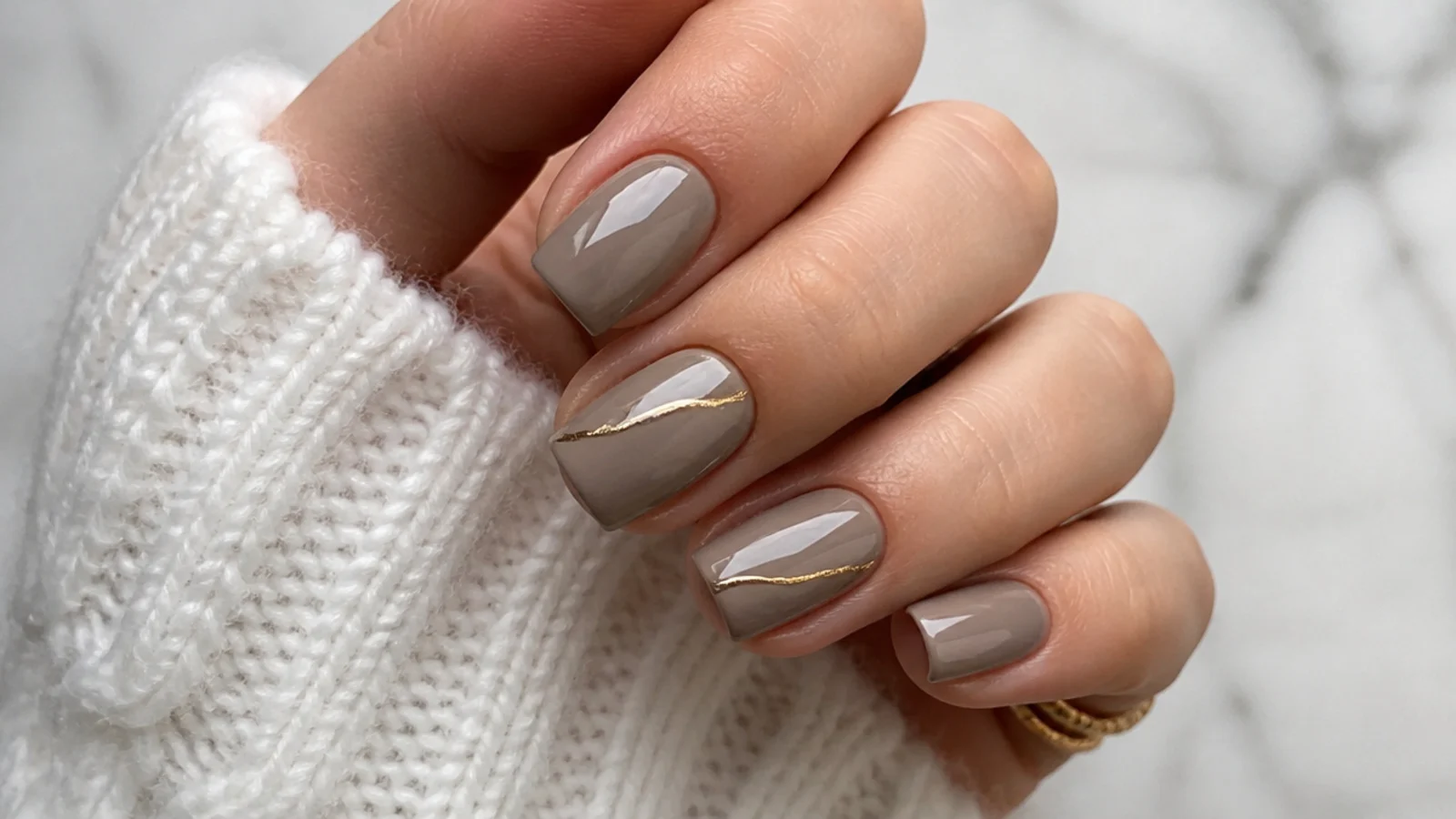 Warm taupe greige gel nails on short squoval nails