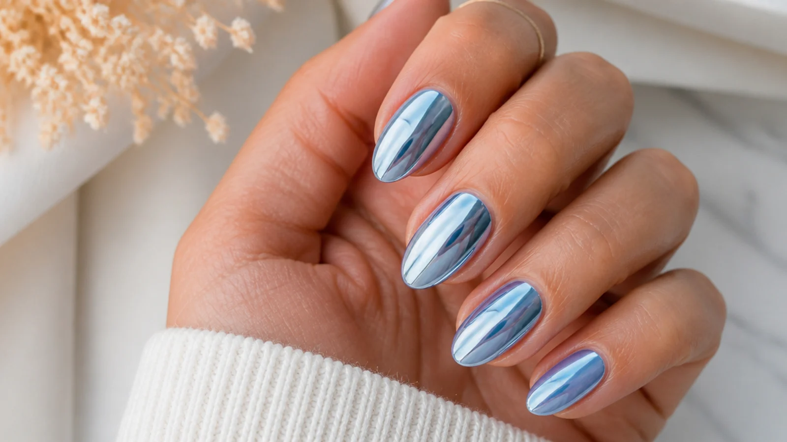 Icy blue chrome mirror gel nails on short almond nails