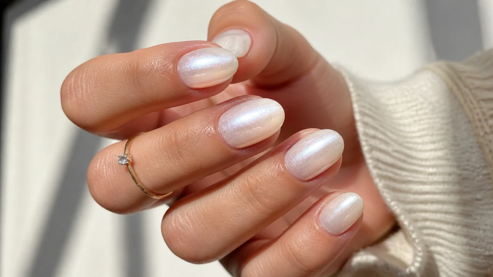 Soft pearl white shimmer gel nails on short almond nails