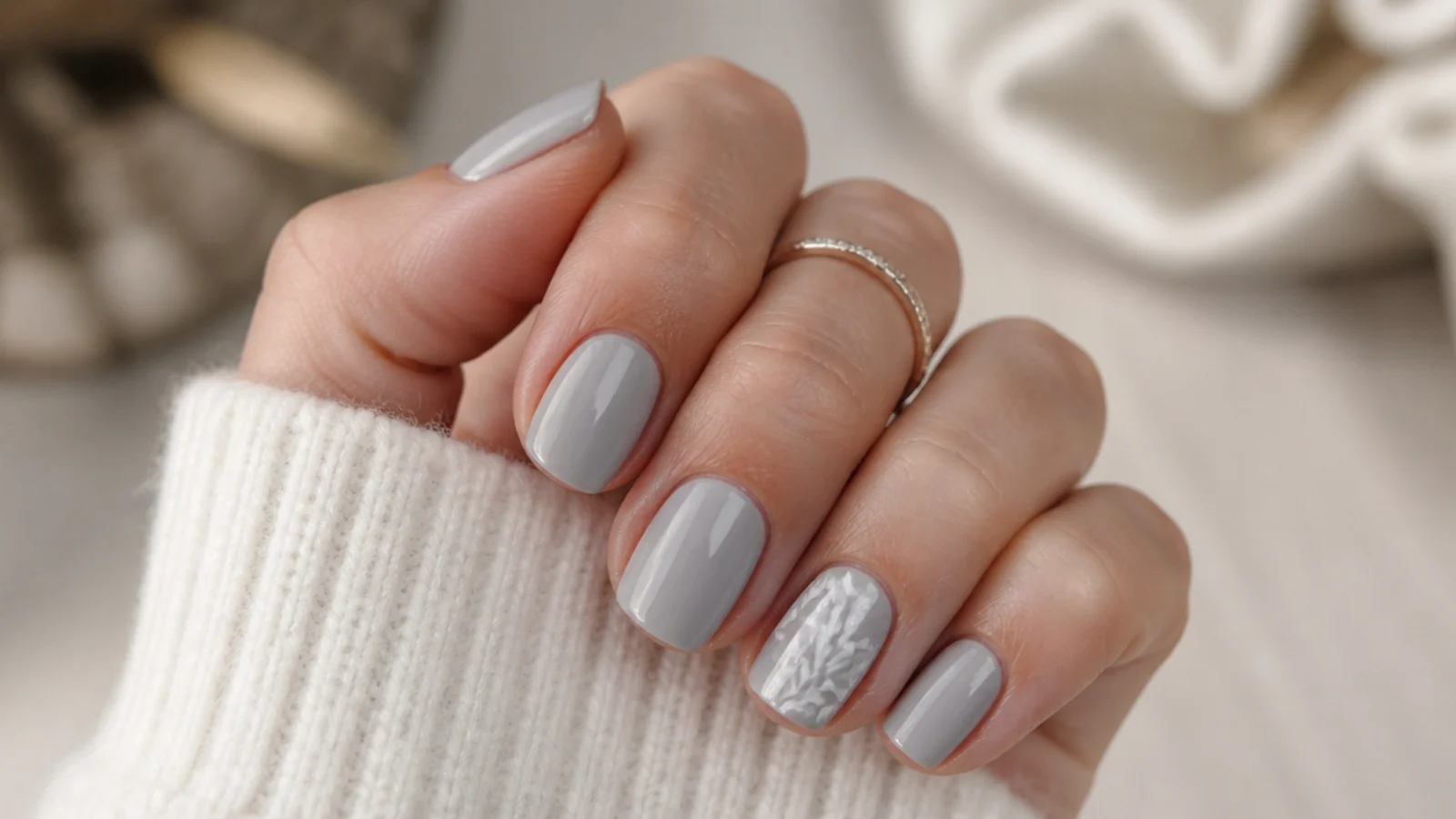 Soft dove gray gel nails on short squoval nails