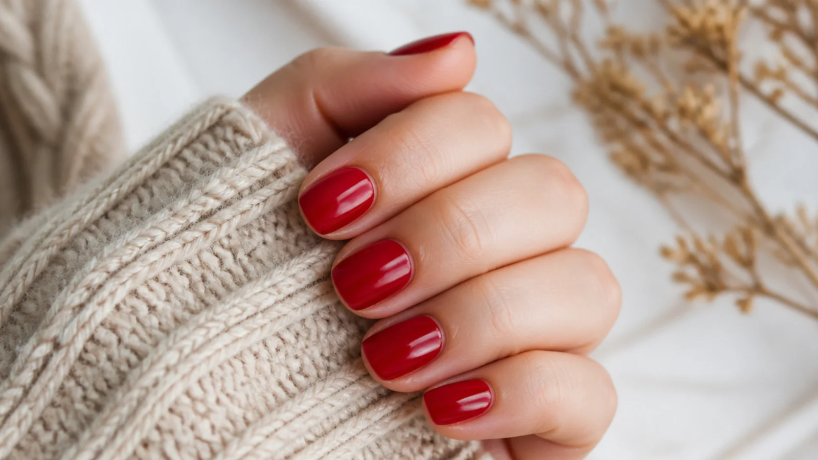 Glossy classic red gel nails on short square nails