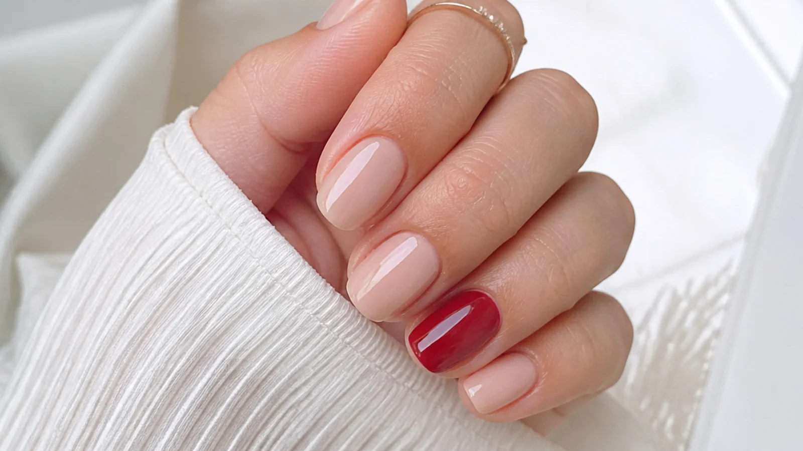 Nude gel nails with one soft red accent nail on short almond shape