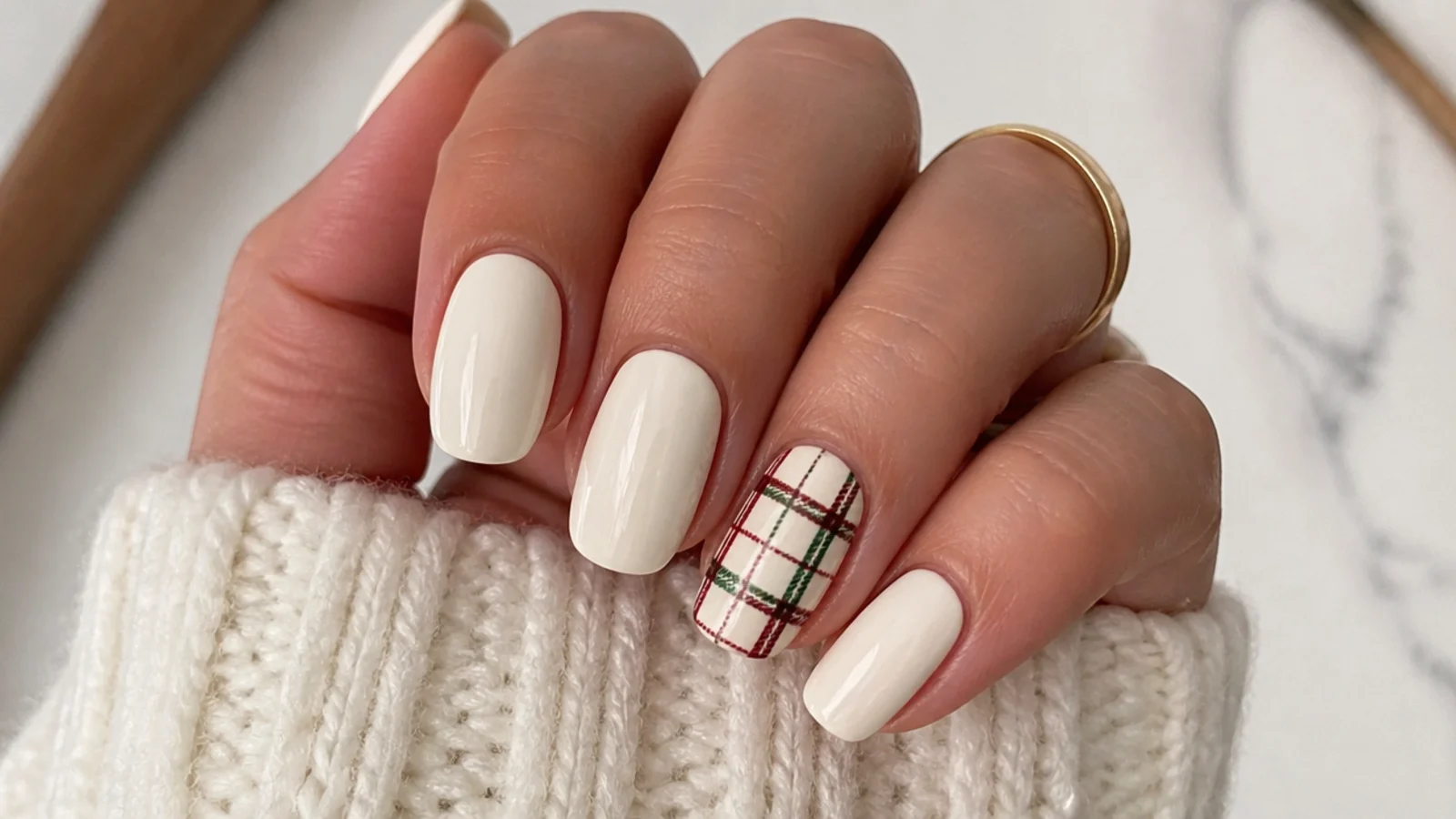 Cream gel nails with one hand-drawn red and green plaid accent nail