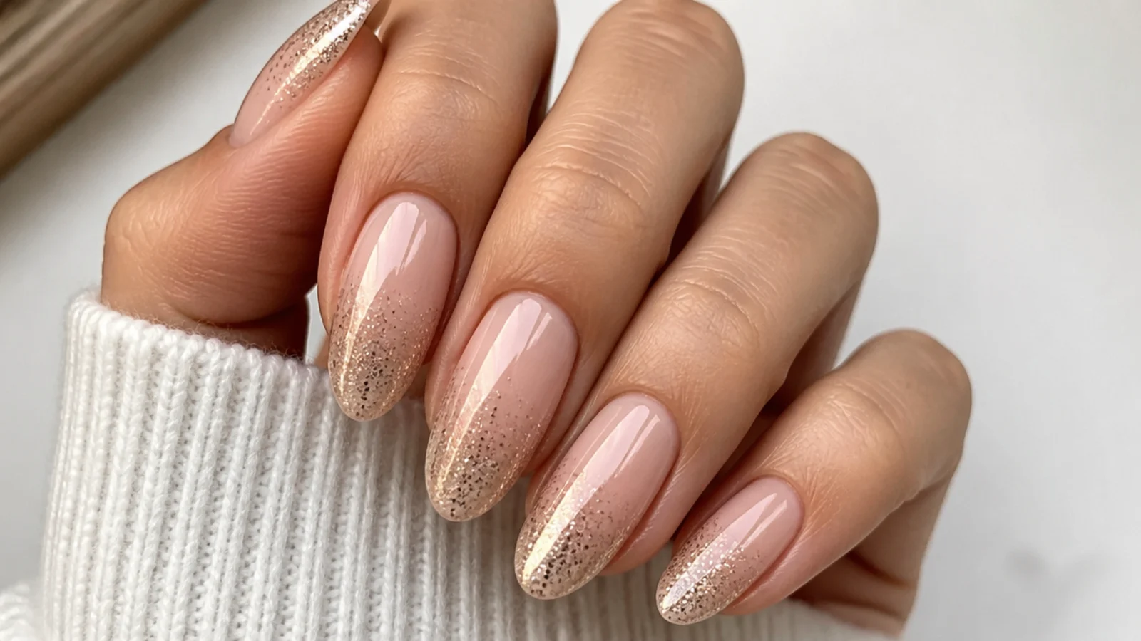 Nude gel nails with soft champagne glitter gradient at the tips