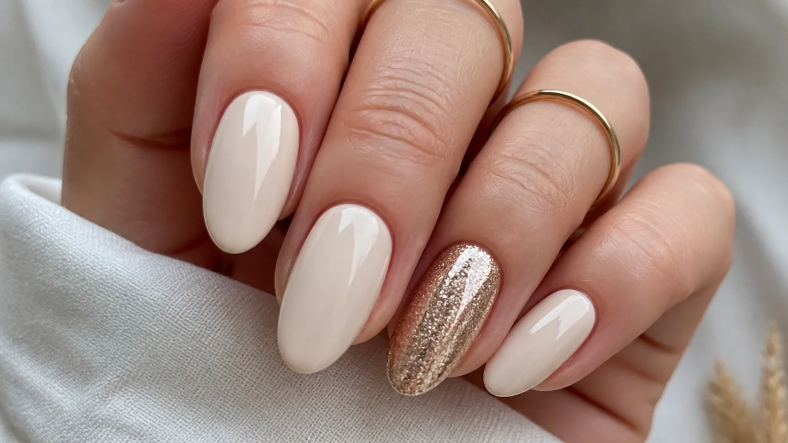 Cream gel nails with one full gold glitter accent nail