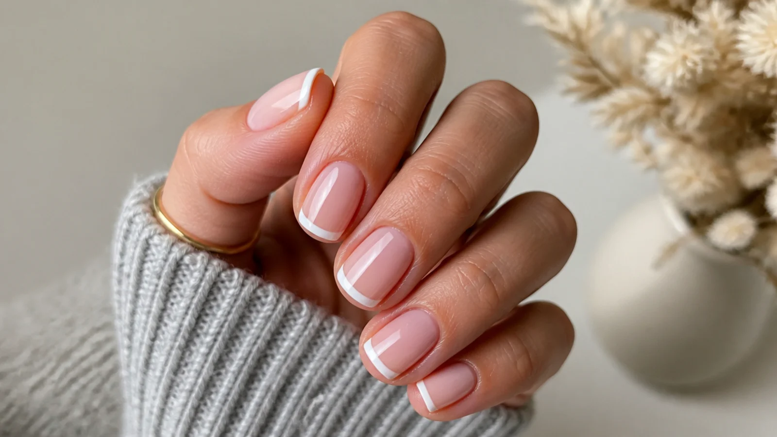 Sheer nude gel nails with clean white French tips on short square nails