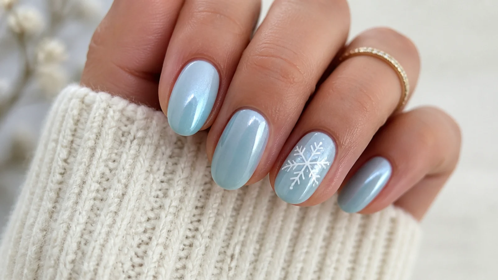 Icy blue gel nails with one small white snowflake accent nail