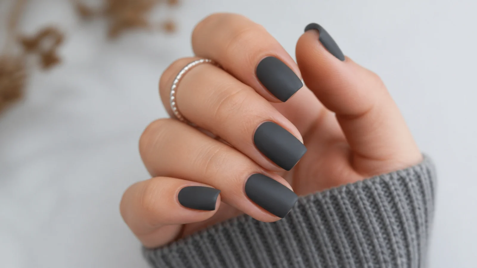 Matte charcoal gray gel nails on short square nails