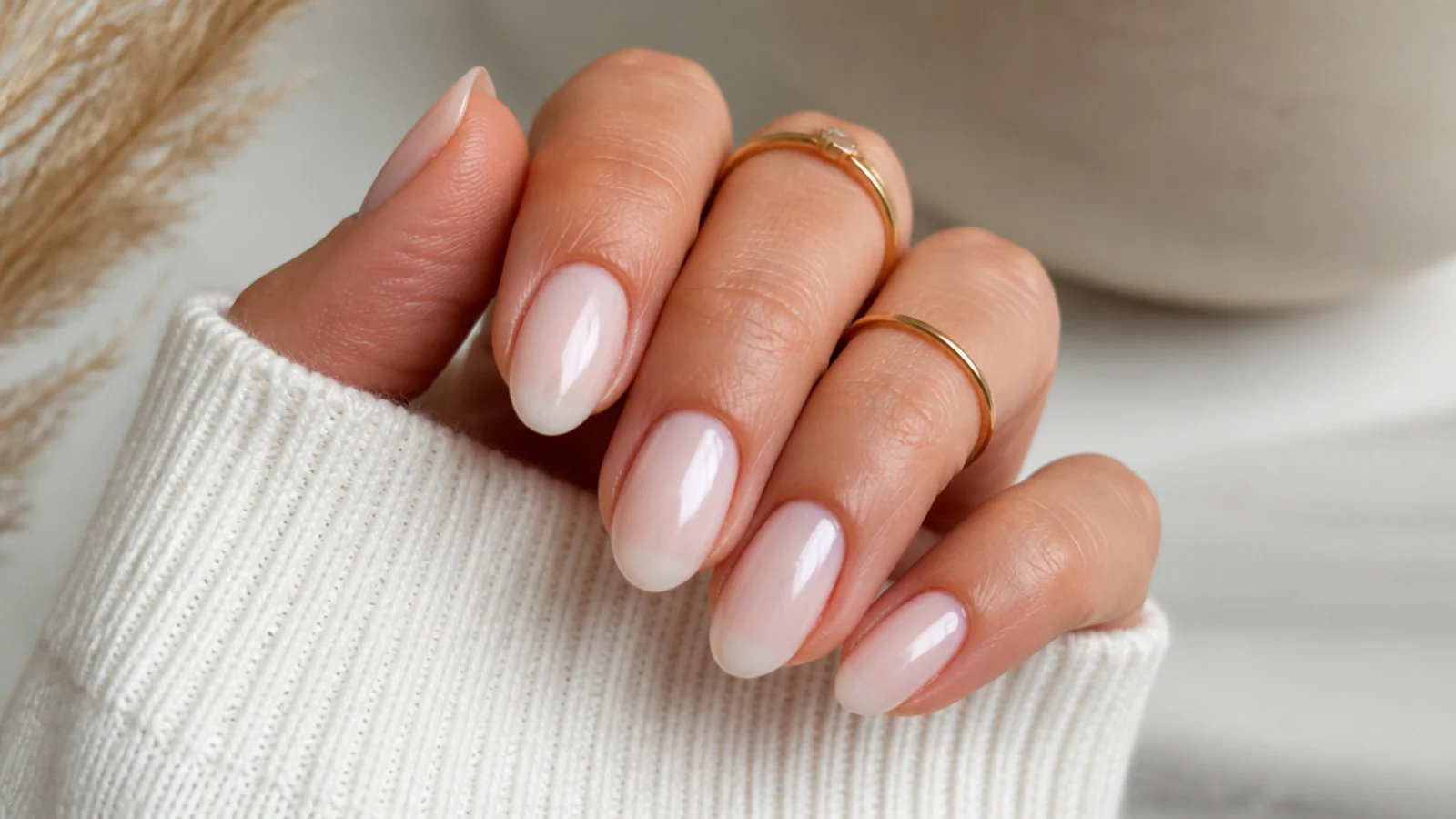 Sheer milky white gel nails on short almond nails
