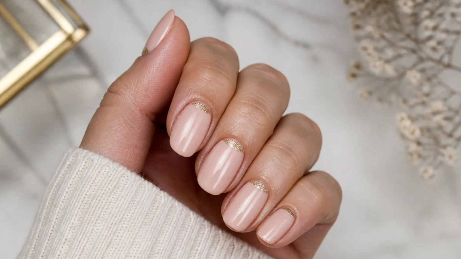Nude gel nails with a thin gold glitter half-moon at the cuticle