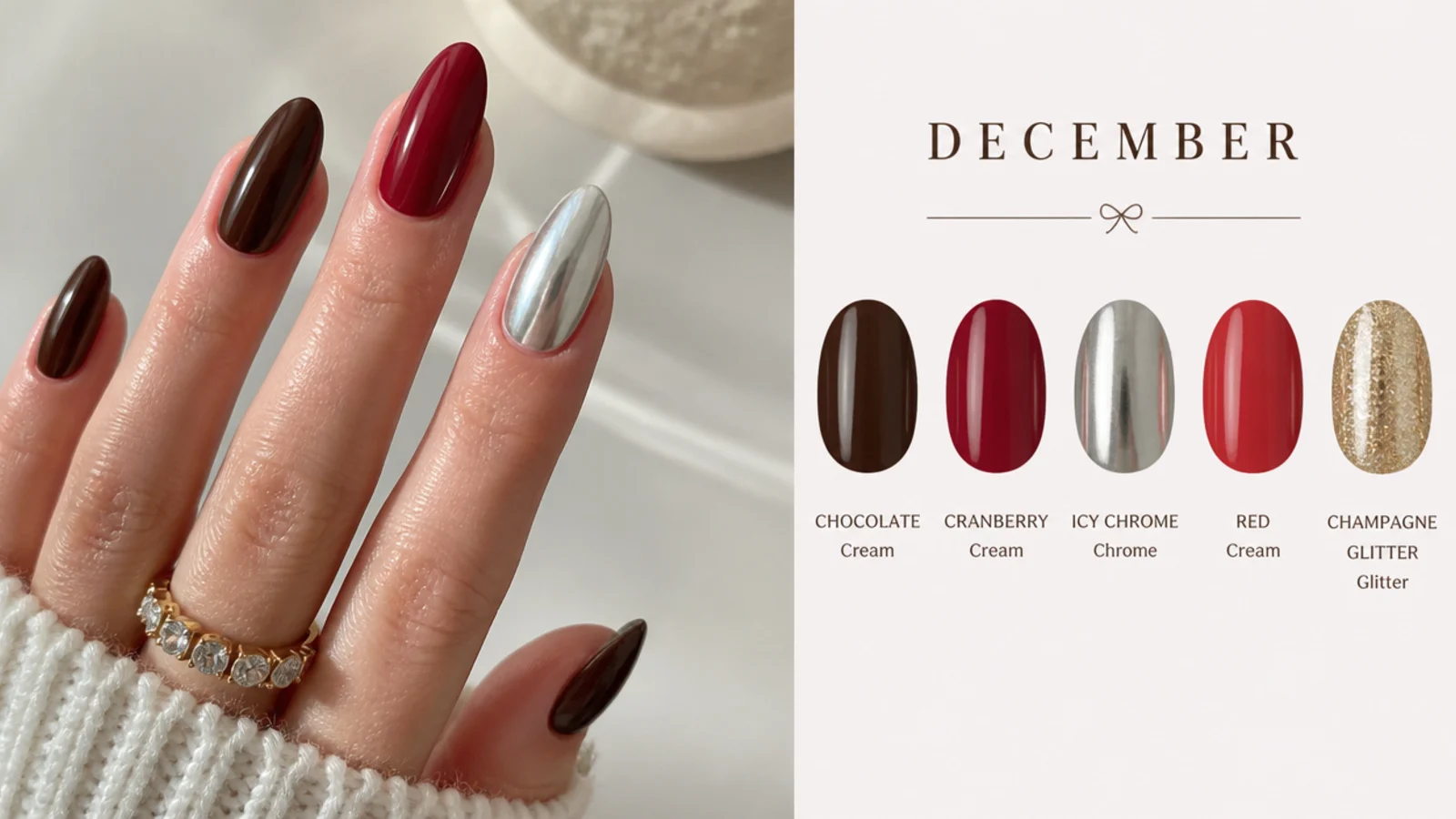 Swatches of chocolate, cranberry, icy chrome, red and champagne glitter for December