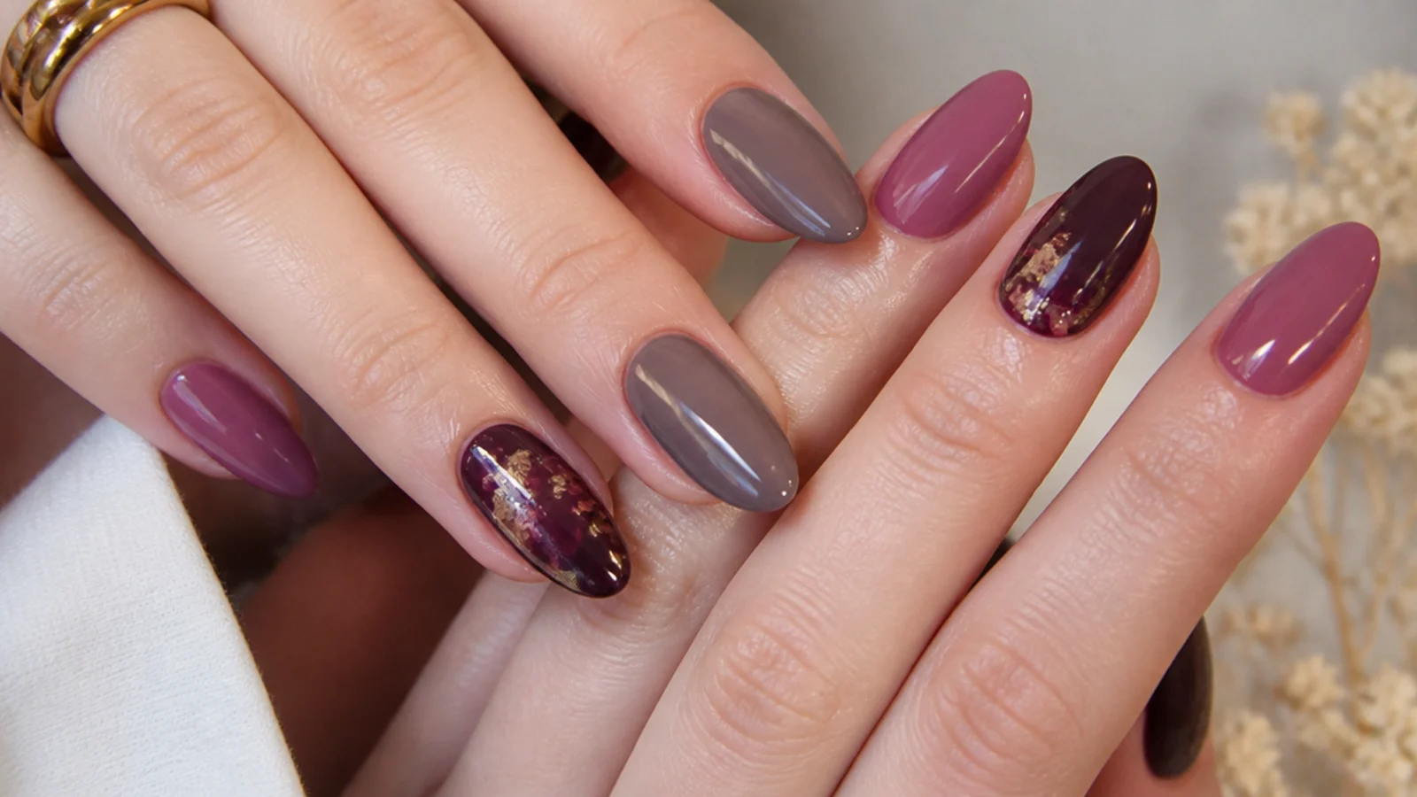 Chocolate brown, mauve, cranberry and taupe gel swatches for winter