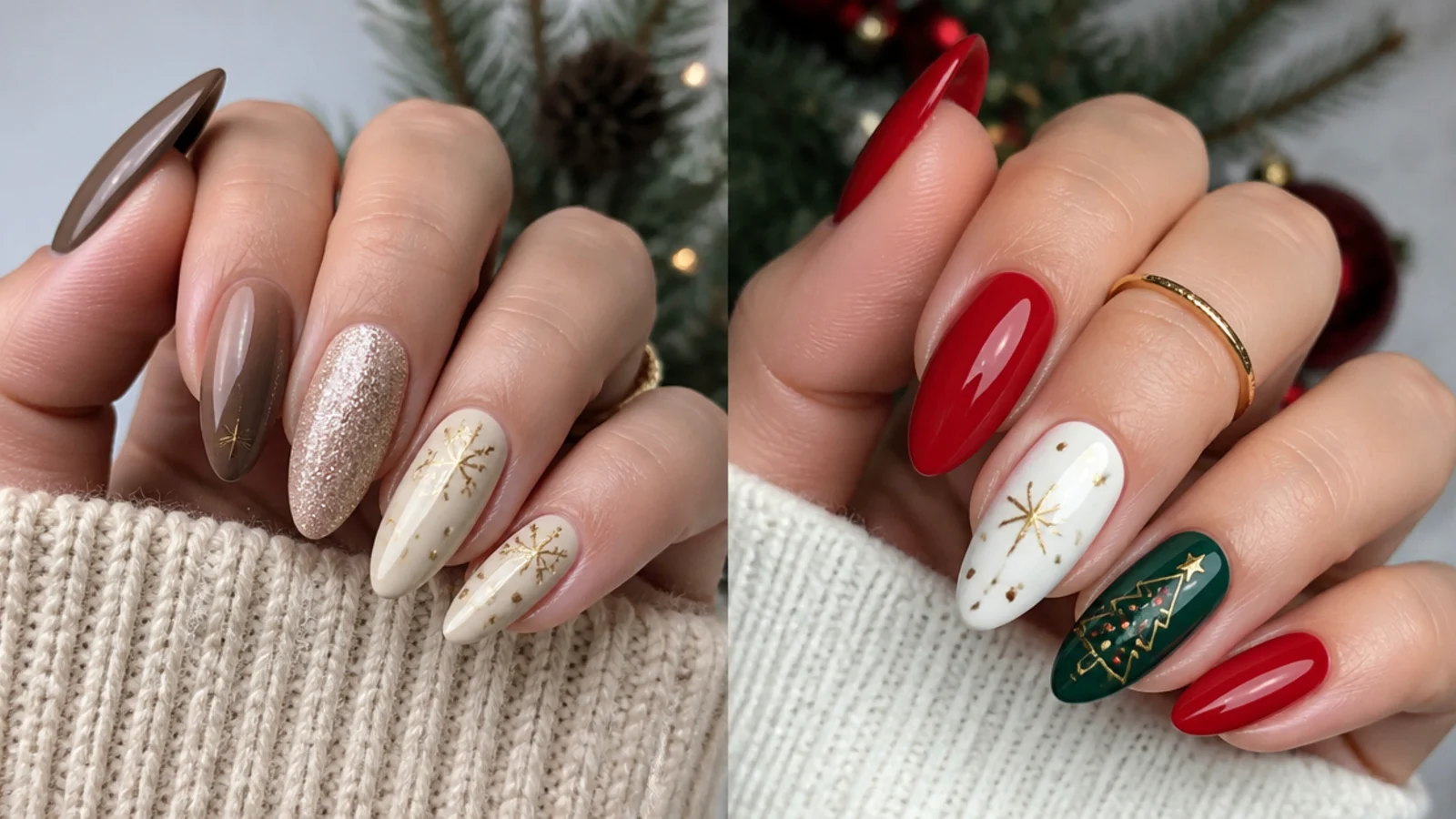Cozy neutral December nails beside red and green Christmas nails