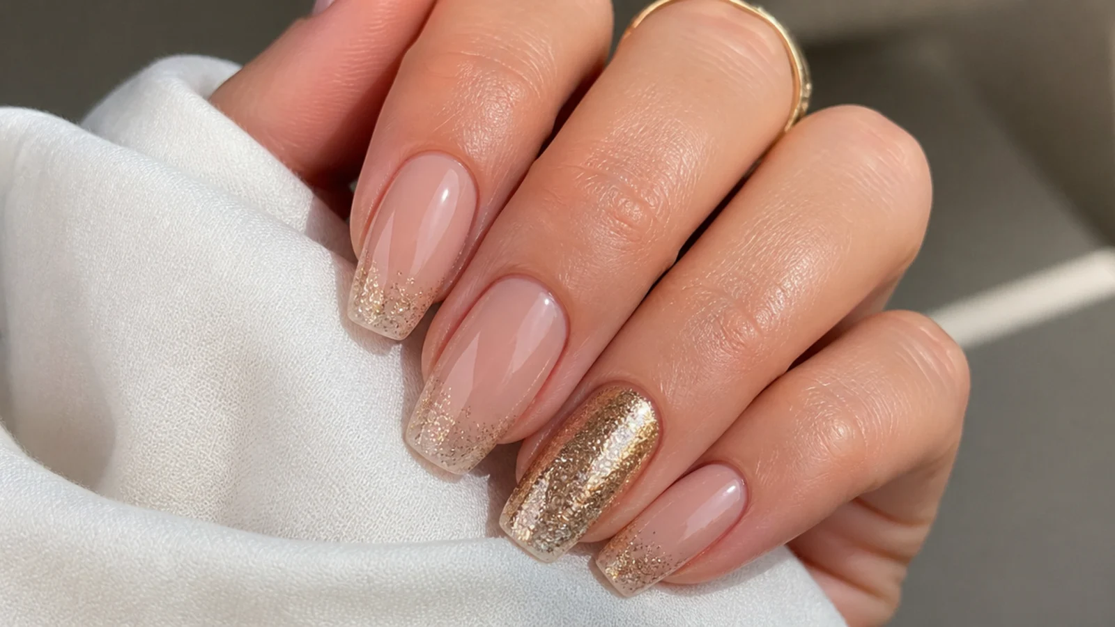 Nude gel nails with champagne glitter tips and one gold accent nail