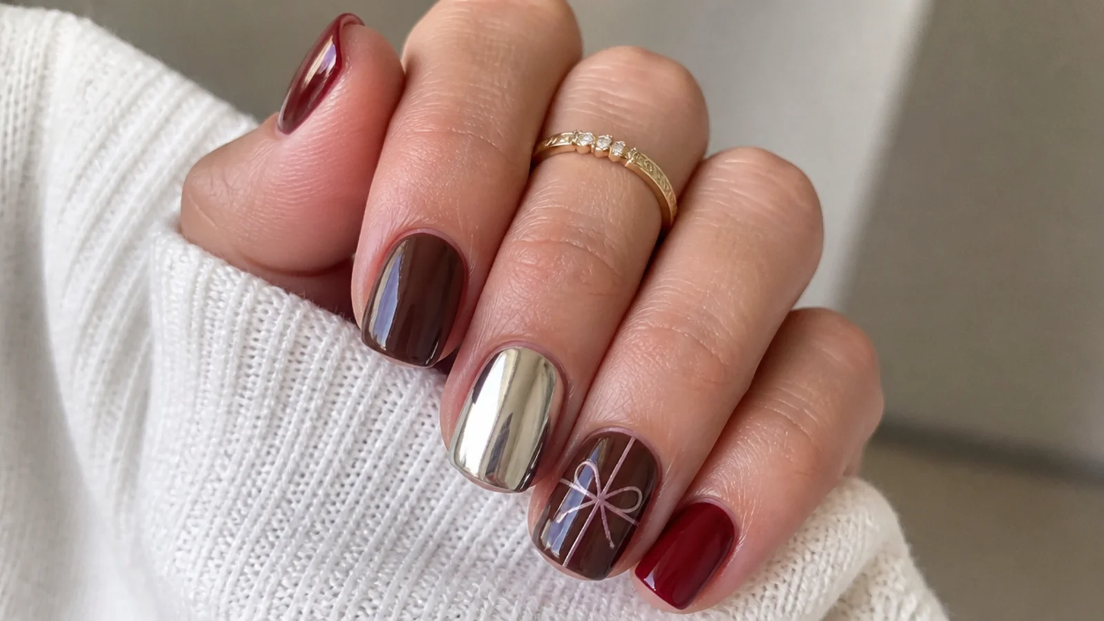 Short squoval nails in chocolate brown, cranberry and icy chrome