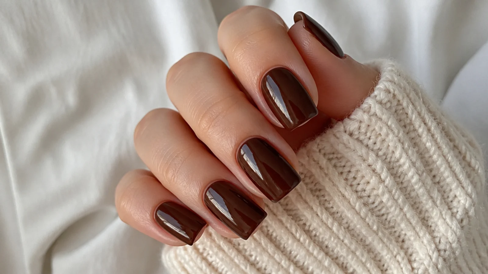 Glossy chocolate brown square nails with a warm glazed shine