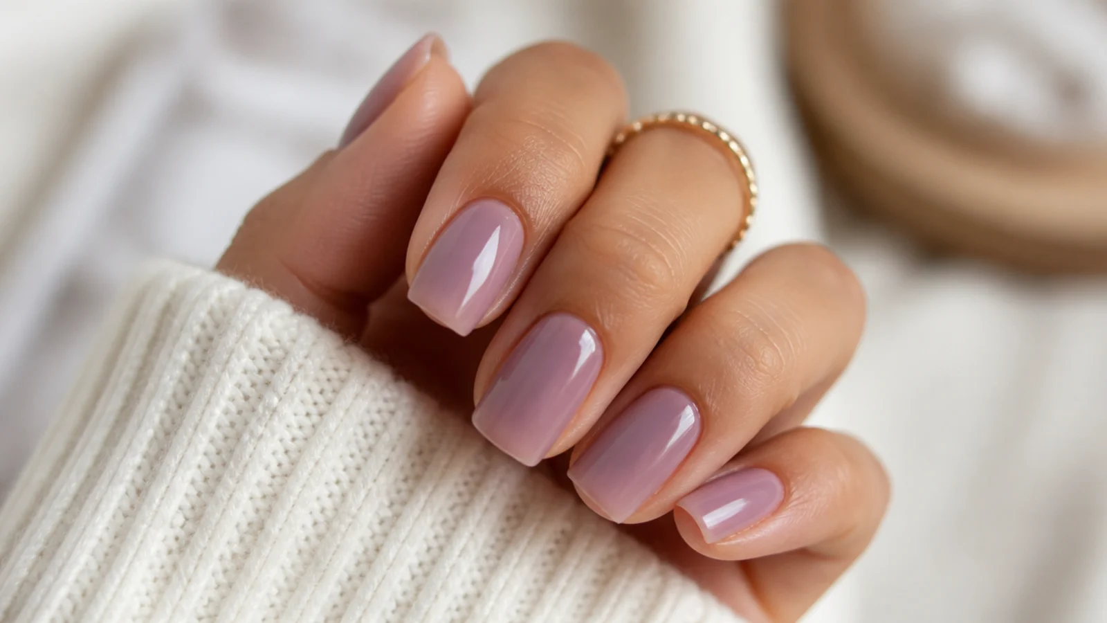 Soft mauve milky square nails with a clean squoval tip