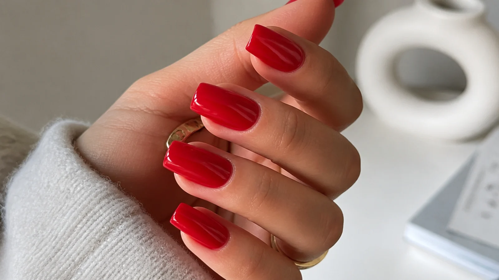 Bright classic red square nails with a glossy holiday finish