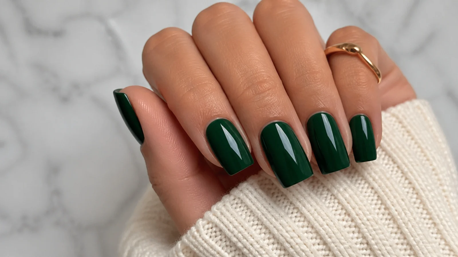 Deep forest green square nails with a glossy finish