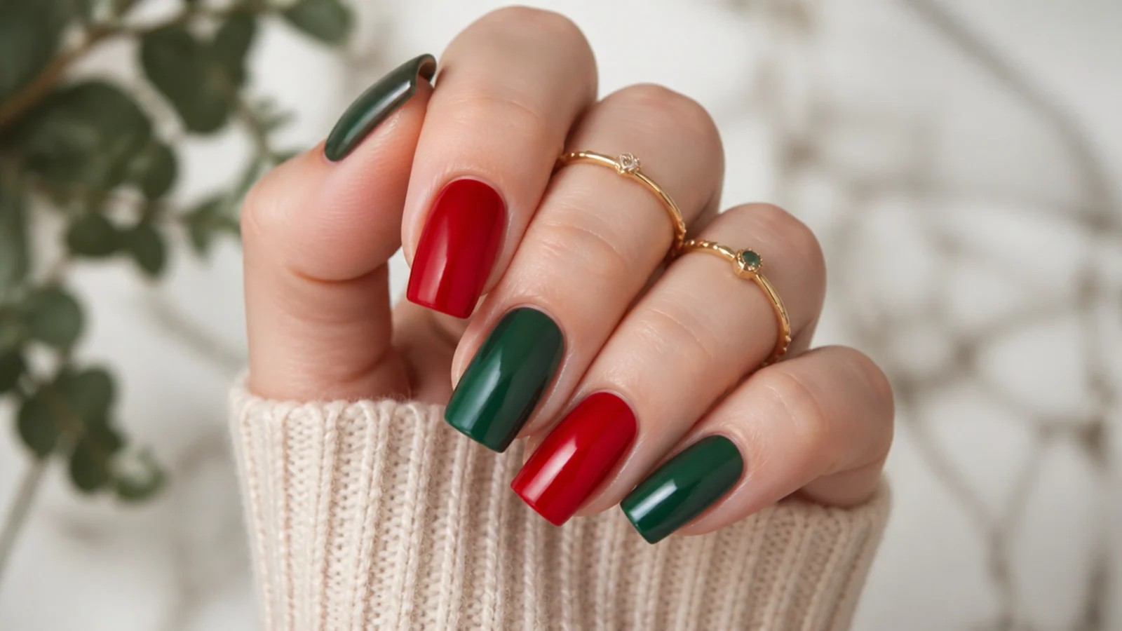 Square nails alternating glossy red and forest green in a clean color block