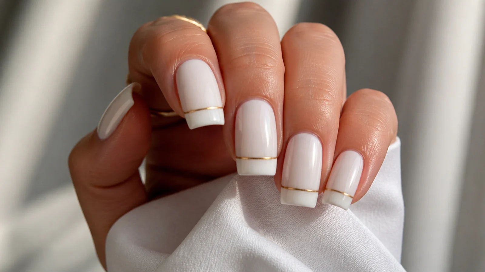 Milky white square nails with thin gold-line French tips