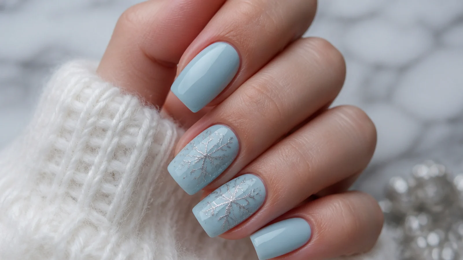 Icy blue square nails with fine silver snowflake accents on two fingers