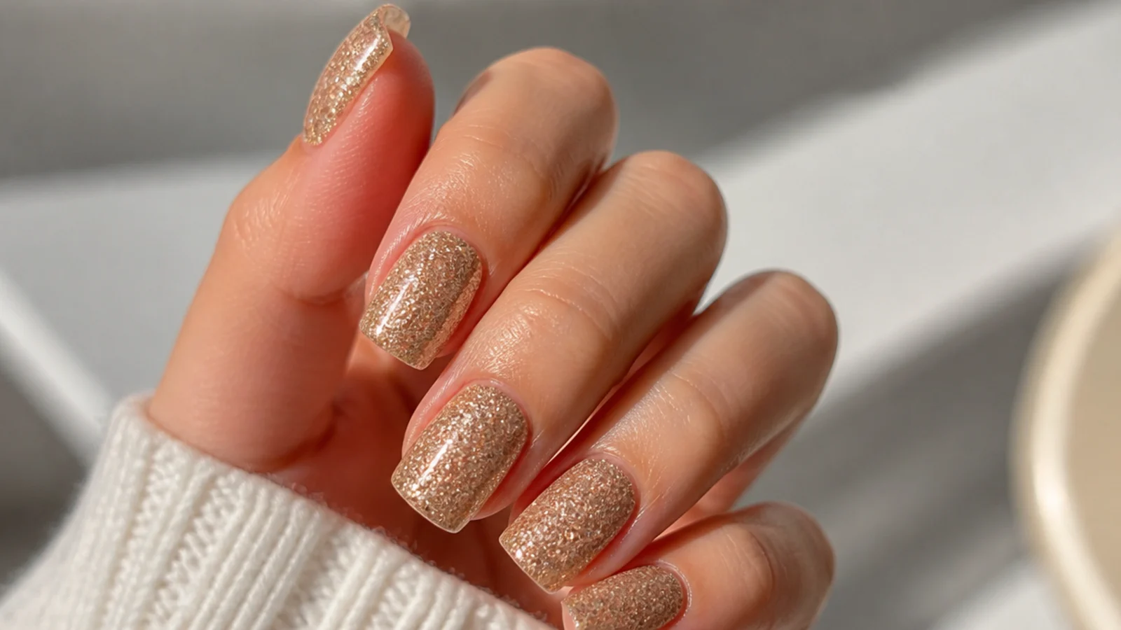 Champagne gold fine-glitter square nails with a soft sparkle