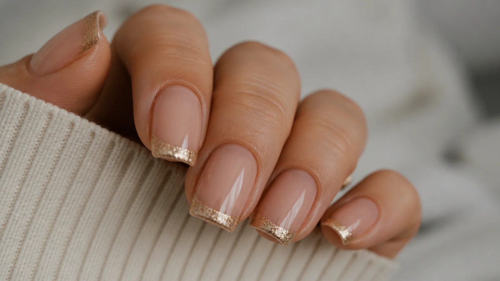 Nude square nails with metallic gold glitter French tips