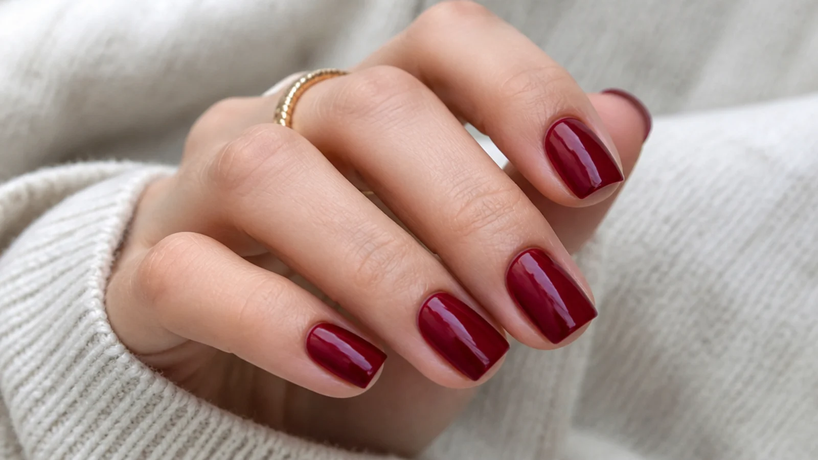 Short square nails in glossy cranberry with a neat clean finish