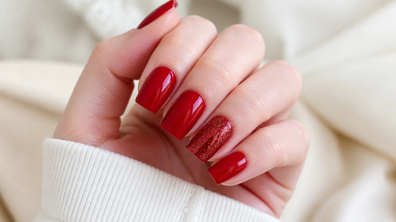 Glossy red square nails with one fine red-glitter accent nail