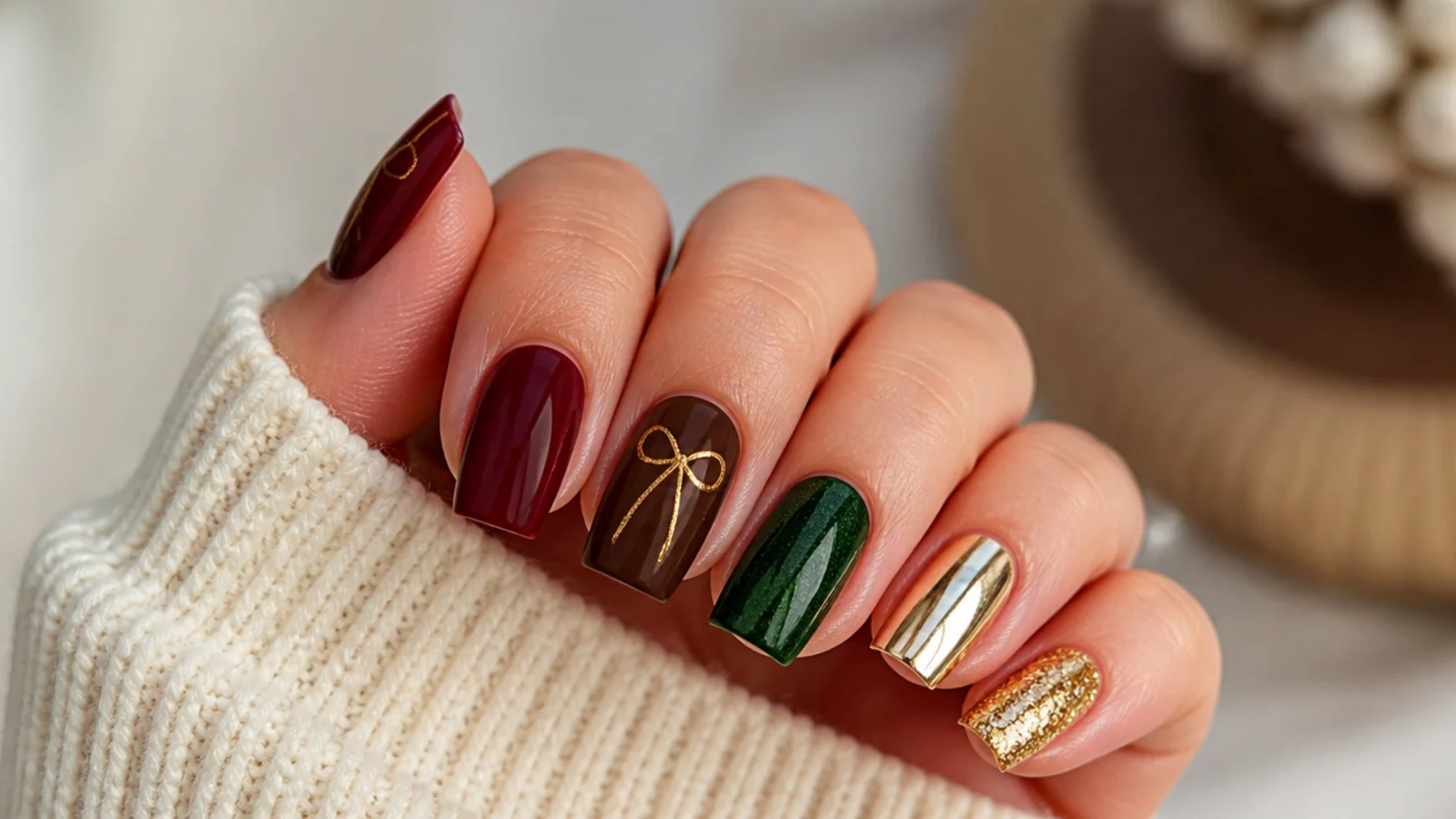 Square nail swatches in cranberry, chocolate, green, chrome and gold for December