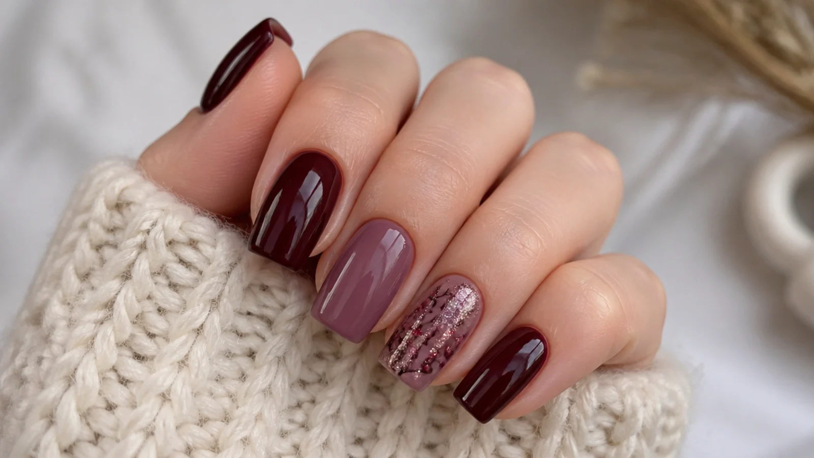 Square nails in chocolate brown, mauve and cranberry cozy winter tones