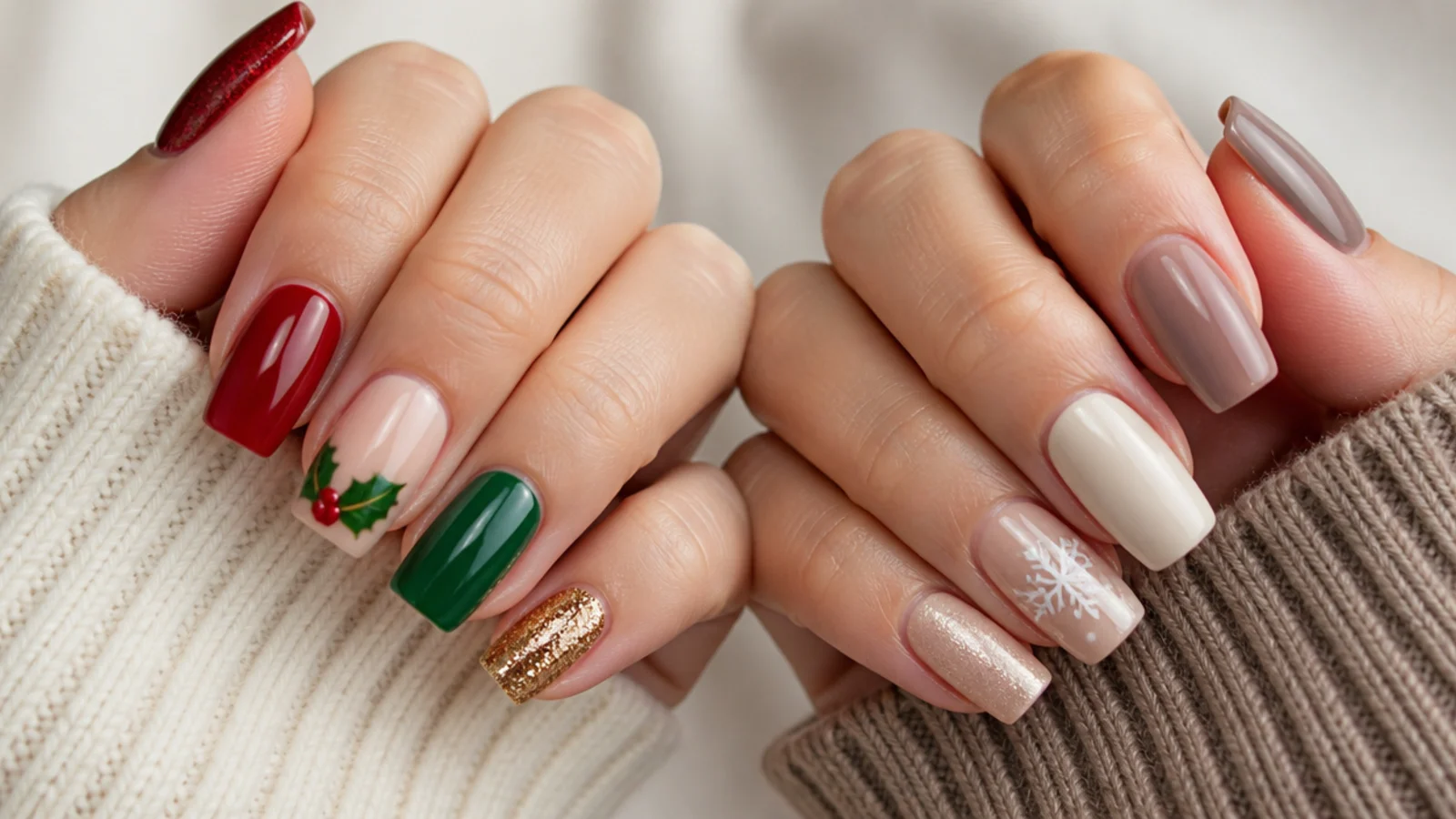 Split square-nail set comparing festive Christmas red-green with cozy neutrals