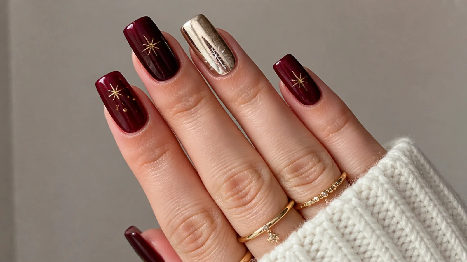 Chic square December nails in cranberry, gold and icy chrome on cool-toned hands