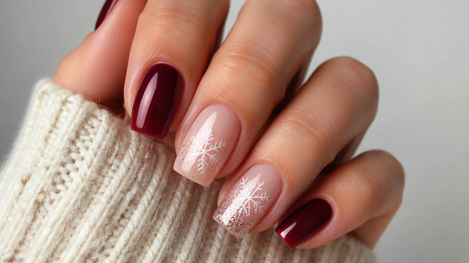 A well-sealed square December gel manicure with cuticle oil for longevity