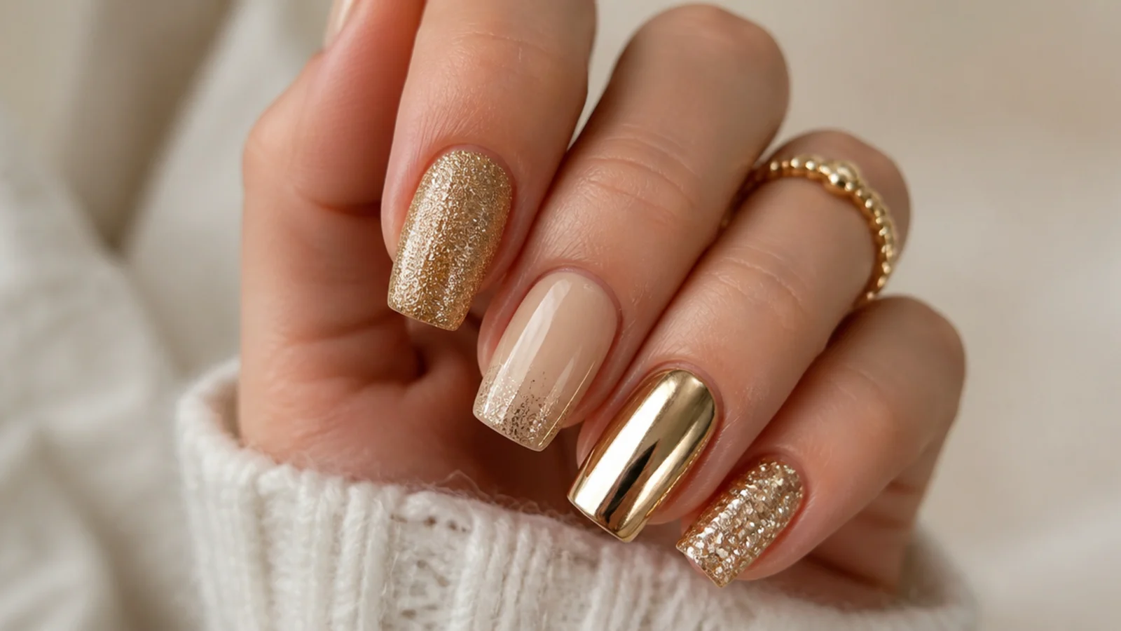 Square nails in gold glitter, champagne and chrome for New Year