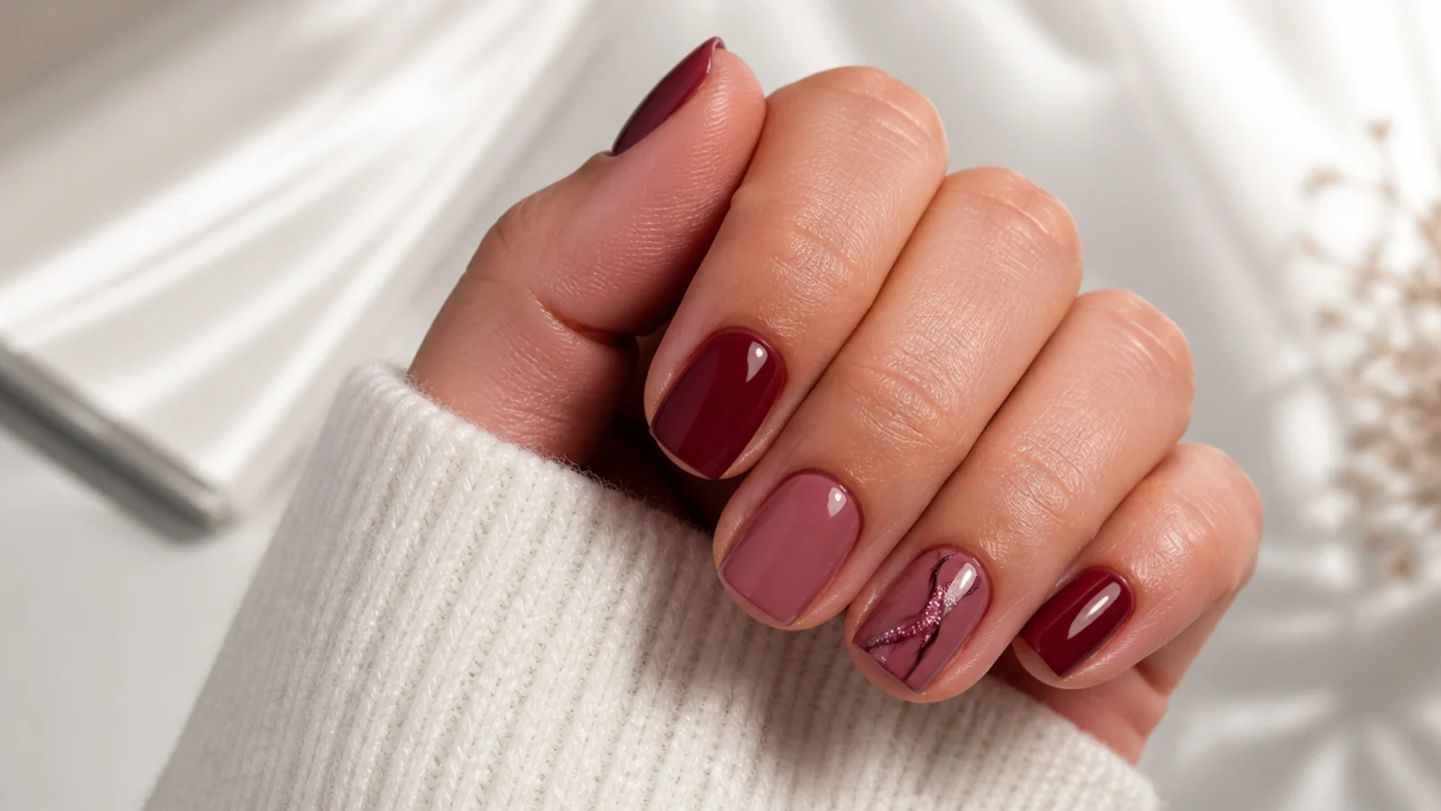 Short square December nails in cranberry and mauve with a neat finish