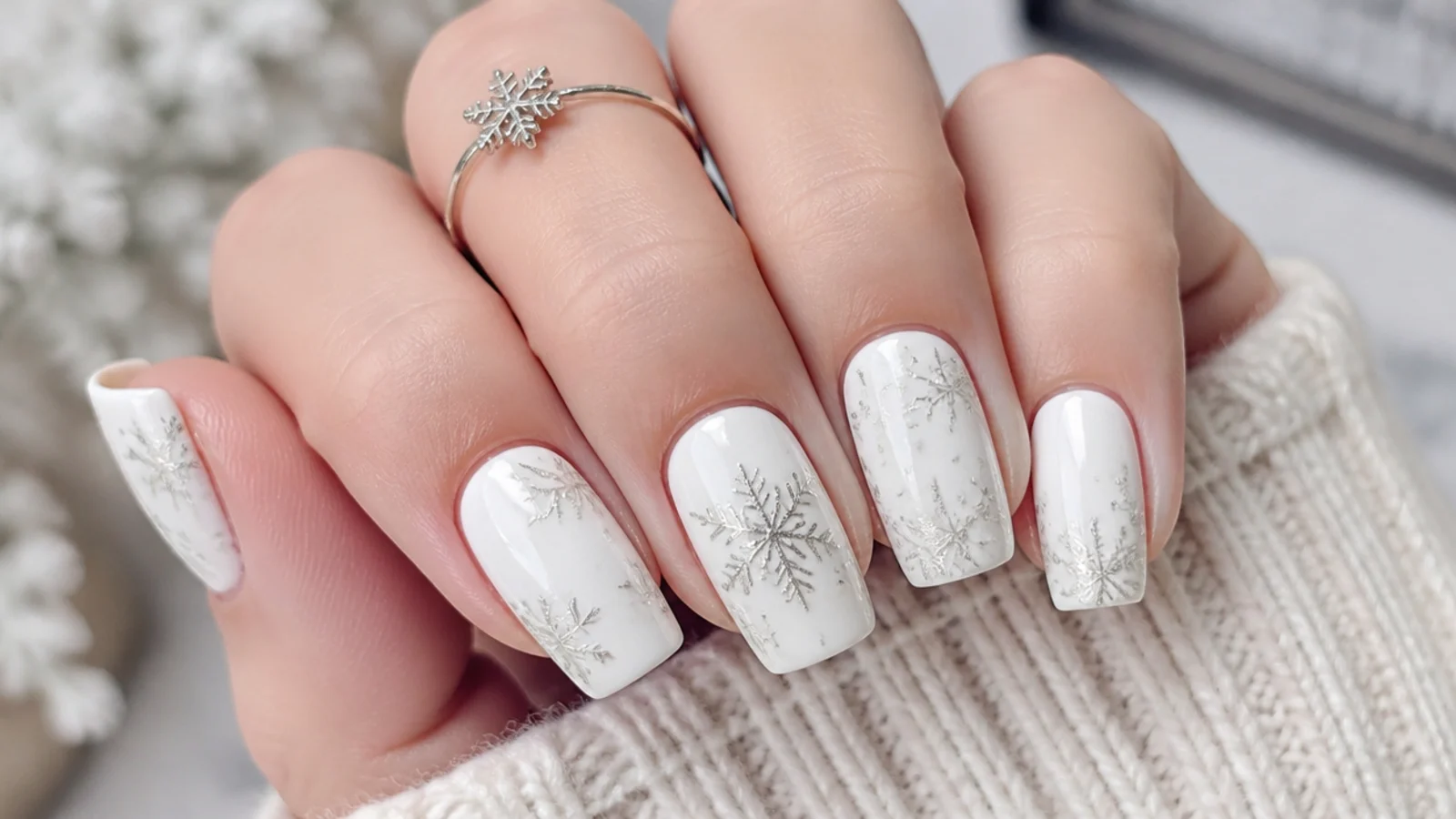 Bright white December nails with hand-painted silver snowflakes